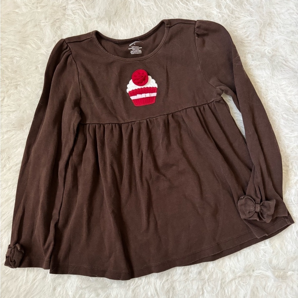 Gymboree Chocolate Brown Long Sleeve Babydoll Top with Cupcake Appliqué